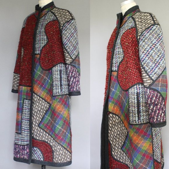 Vintage Koos Van Den Akker Women’s wool Coat Quilted Patchwork 80s sz 10, SMALL - Picture 4 of 12
